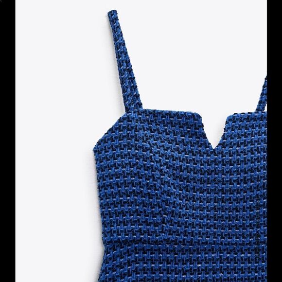 New Zara Textured Tweet Blue Strap Mini Dress - Picture 6 of 7